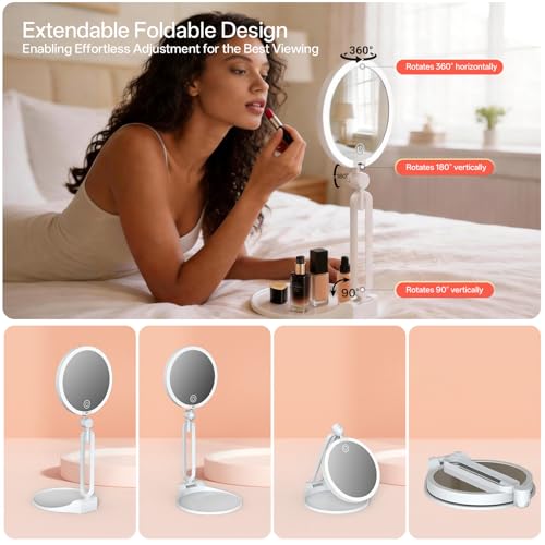 Qinxinmir 10X Magnifying Travel Makeup Mirror with 3-Color LED Lighting