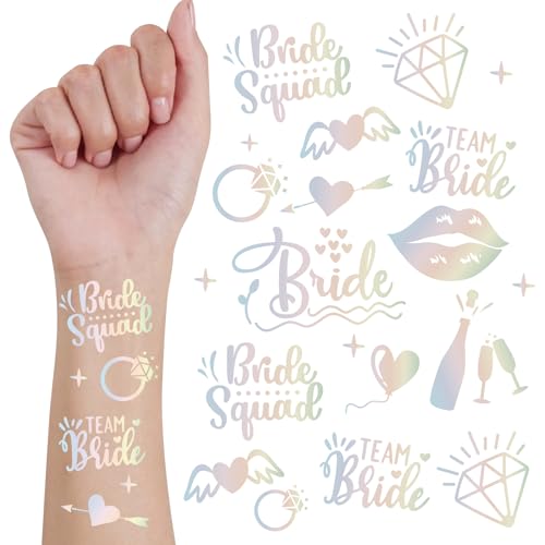 Bride Squad Iridescent Bachelorette Party Tattoos - 80+ Metallic Temporary Tattoos for Bride & Bridesmaids