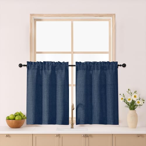 Gwine Navy Blue Short Kitchen Curtains - 30 Inch Light Filtering Drapes, 2 Panels