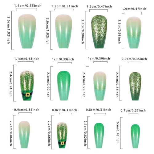 GCSQW St. Patrick's Day Glitter Nails - 11 Glitter Design Fake Coffin Nails, Green Gradient with Hat, Press-On 24pcs