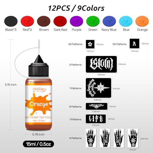 12 Bottle Temporary Tattoo Ink Kit - 9 Colors & 130 Stencils