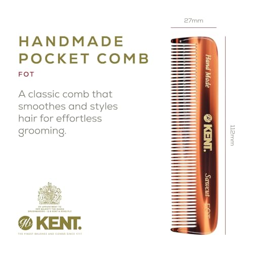 KENT 2 Pack Handmade Pocket Comb for Men, Women & Kids - Fine Tooth Grooming Travel Comb