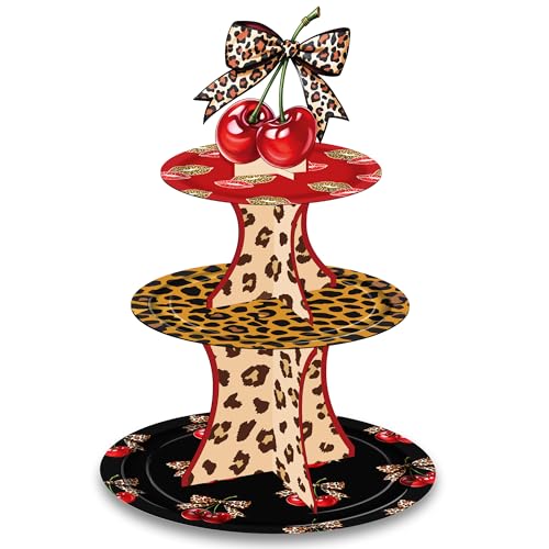3-Tier Cheetah Print Cherry Cupcake Stand for Parties