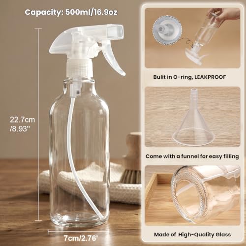 Hethyo 16.9oz Glass Spray Bottles 2 Pack - Clear, 360° Any-Angle Spray