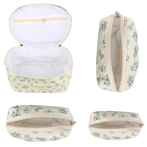 VIWIME 203-Blue Rose Large Quilted Makeup Bag, Cotton Cosmetic Toiletry Organizer