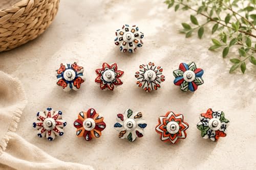 Set of 10 Vintage Ceramic Cabinet Knobs with Chrome Hardware