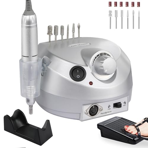 A4 Silver Electric Nail Drill Machine 30000RPM with 6 Sanding Bands & Bits for Home & Salon