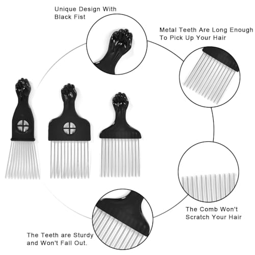 6 Pack Metal Afro Hair Picks with Fist Handles for Curly & Thick Hair - Durable, Rustless Styling Tools