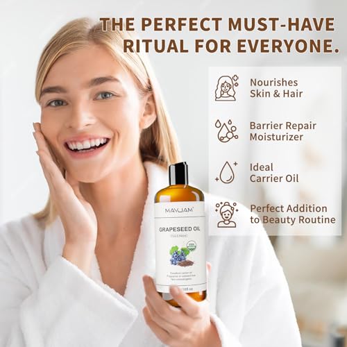 MAYJAM Organic Grapeseed Oil 473ml/16 Fl oz for Skin & Hair Care, USDA Certified, Cold Pressed, Unrefined