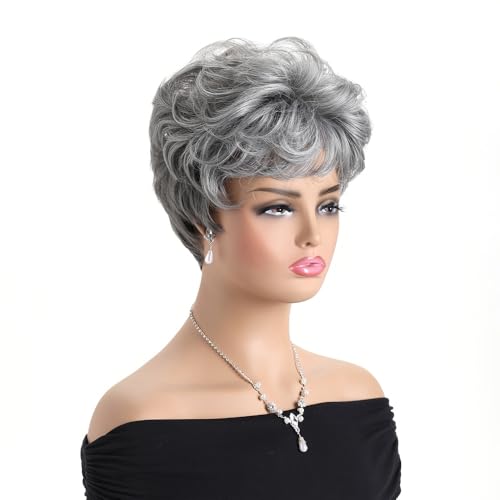 Short Curly Silver Grey Pixie Wig with Bangs - Natural Heat Resistant