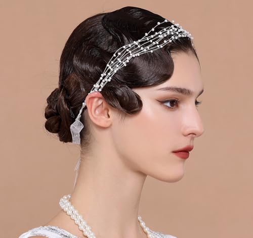 BABEYOND Silver Pearl Bridal Headpiece with Lace Ribbon