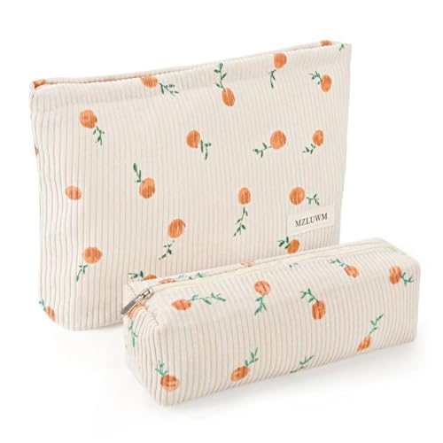 Corduroy Makeup Bag Set - Aesthetic Travel Cosmetic Pouch with Brush Case