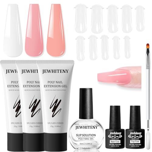 JEWHITENY Poly Nail Gel Set - Clear, Pink & White Colors with Base & Top Coat