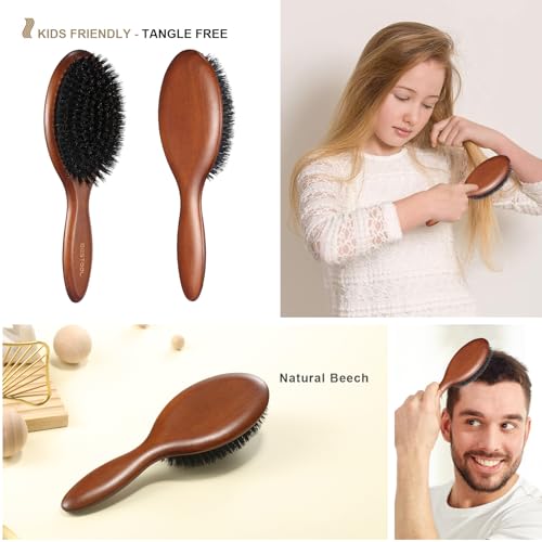 BESTOOL Boar Bristle Hair Brush - Natural Beech Wood Paddle for Smoothing