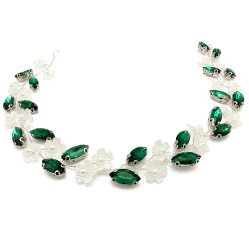 BETITETO Green Crystal Silver Vine Bridal Flower Hair Vine Headpiece for Wedding & Special Occasions