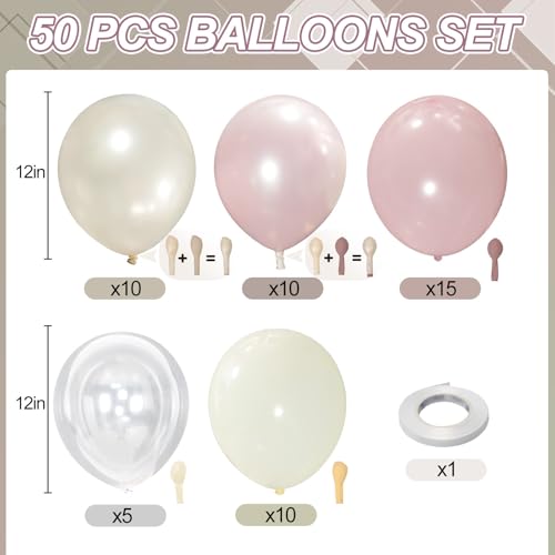 Dusty Pink Balloon Set - 50pcs 12 Inch Blush & Pearl Balloons for Parties