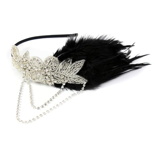 1920s Flapper Headband with Feathers - C62 Black Vintage Accessory