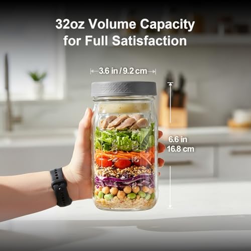 ComSaf 32 oz Glass Salad Jars - 2 Pack with Dressing Cups