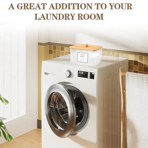 Clear Dryer Sheet Holder with Bamboo Lid & Labels - 2-in-1 Dispenser