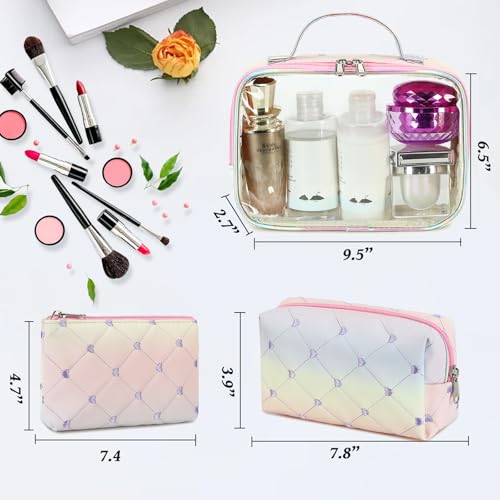 Bluboon Rainbow Heart 2 Makeup Bag Set - 3Pcs Clear Travel Toiletry Bags