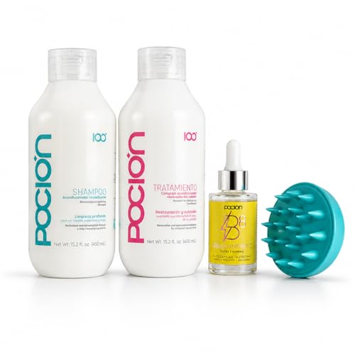 Poci?n Hair Care Bundle with Shampoo (Revitalizing Shampoo), Tratamiento (Repair Conditioner Treatment), Poci?n Brillo Infinito B8 Hair Oil & Scalp Massage Brush | 4-Piece Hair Care Set
