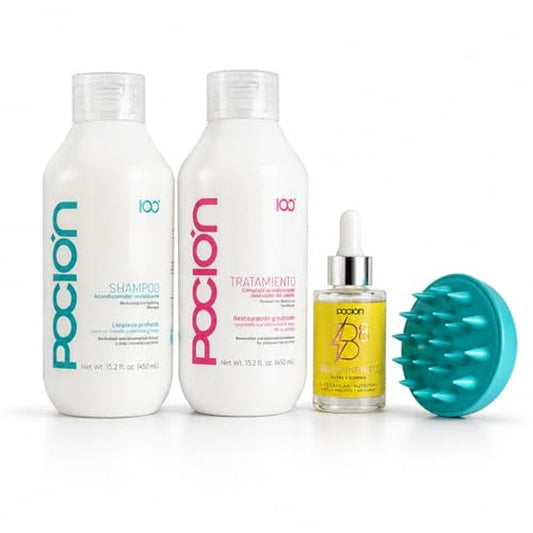 Poci?n Hair Care Bundle with Shampoo (Revitalizing Shampoo), Tratamiento (Repair Conditioner Treatment), Poci?n Brillo Infinito B8 Hair Oil & Scalp Massage Brush | 4-Piece Hair Care Set