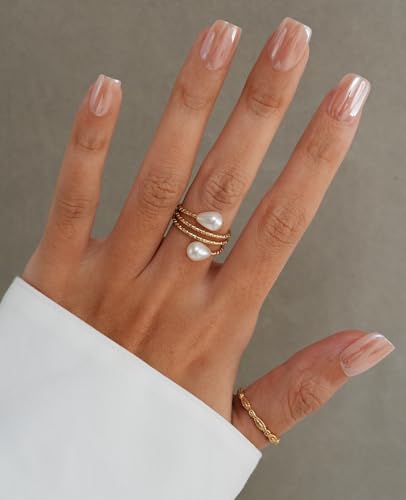 ESLALA Short Squoval Chrome Press-On Nails with Pink Aurora Finish, Reusable 32-Piece Kit - Champagne Variation