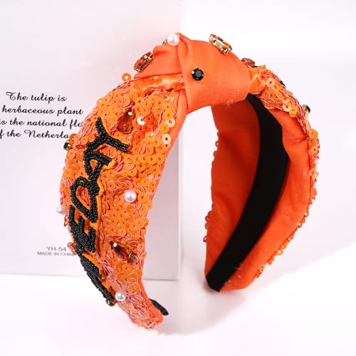 Orange Game Day Knotted Headband for Women with Pearl Rhinestones Sports Accessory