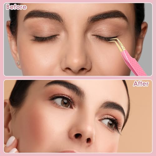 Eyelash Extension Tweezers 2 Pack - 90 Degree Microfiber Precision Lash Tweezers for Volume & Cluster Lashes, Pink