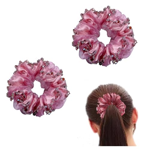 Pink Satin Beaded Trim Hair Scrunchies 2-Pack for Elegant Ponytails
