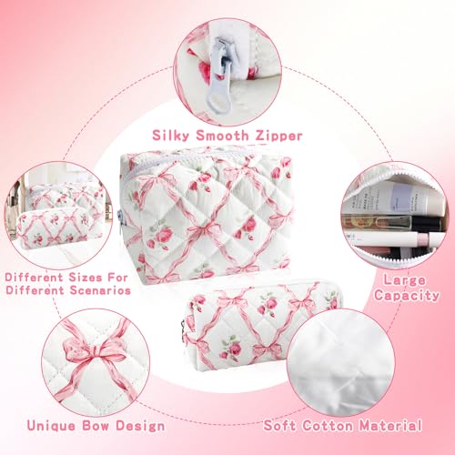 Bow Floral Cotton Quilted Makeup & Pencil Bag Set - Travel Organizer, Cosmetic & Skincare Storage
