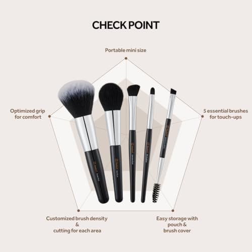 Portable Studio17 Travel Makeup Brush Set 5 PCS with Zippered Pouch – Essential Face & Eye Brushes