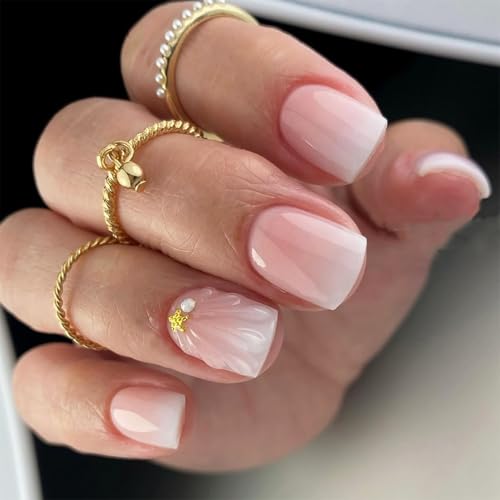 24-Piece Pink Gradient French Tip Press-On Nails with Charms, Short Square