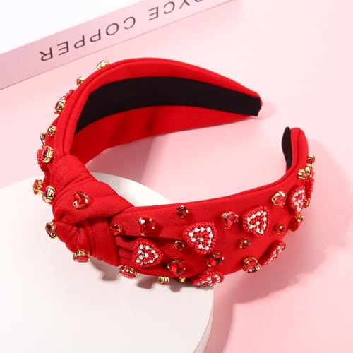 Beaded Heart Valentine’s Day Headband - Jeweled Rhinestone Knotted Hairband