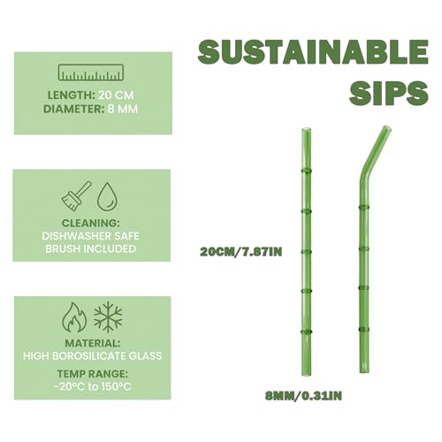 Bamboo Glass Straws Set - 4 Reusable Borosilicate Straws with Cleaning Brush