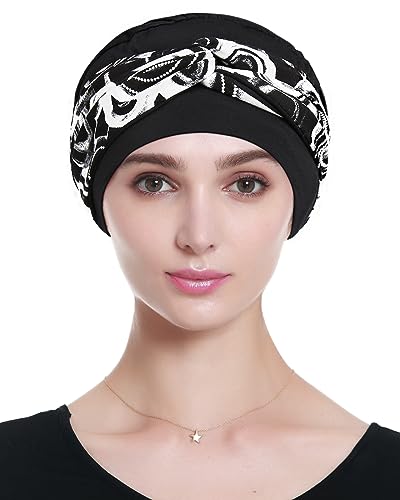 Alnorm Chemo Headwear Viscose Turban Hat for Women - White Black