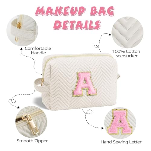 YOOLIFE White L Initial Makeup Bag for Girls - Personalized Gift, Travel Toiletry Organizer