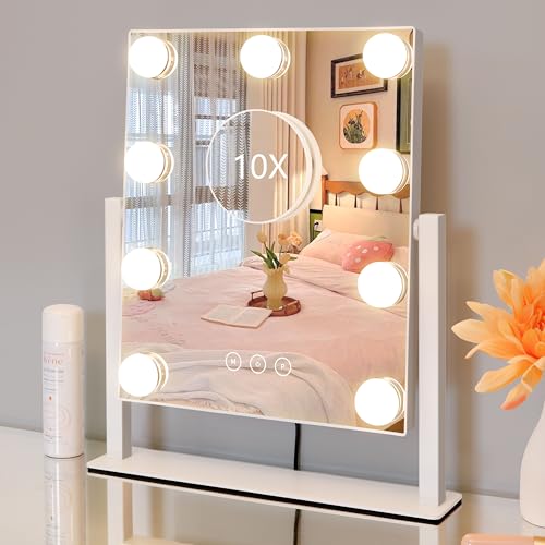 Kotdning Vanity Mirror with Lights,Lighted Vanity Mirror with 9 Dimmable Bulbs for Dressing Room & Bedroom,3 Color Lighting,Modes Detachable 10x Magnification 360¡ÆRatation(White) 12" L x 14.4" W