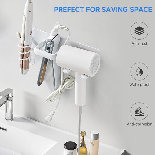 Matte White 3-in-1 Hair Dryer Holder - Wall Mounted Organizer for Bathroom