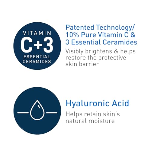 CeraVe Vitamin C Serum for Face with 10% Pure Vitamin C, Hyaluronic Acid & 3 Essential Ceramides, Skin Brightening Antioxidant Serum, Hydrates & Improves Skin Tone & Texture, Fragrance-Free, 1oz