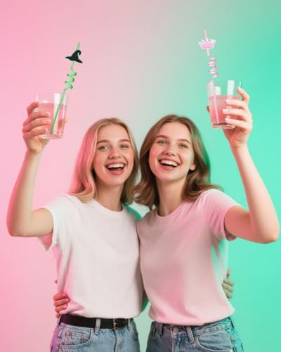 Wicked Straws Party Favors - Reusable Witch Hat & Crown Straws, 12 Pack