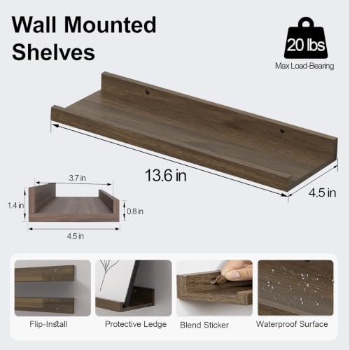 Walnut Floating Shelves Set - 14in Wall-Mounted Display Ledges