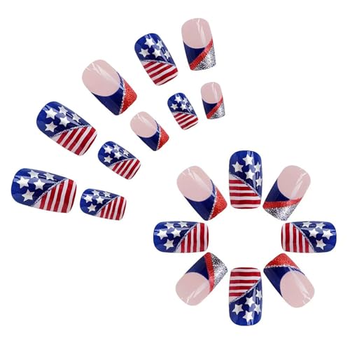 UPABLUNSO Stars Silver Glitter Lines 4th of July Press-On Nails Medium Square Fake Nails French Tips