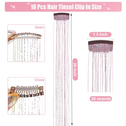 Aokomisu 18Pcs Pink 20 Inch Clip-In Hair Tinsel Extensions for Girls & Women