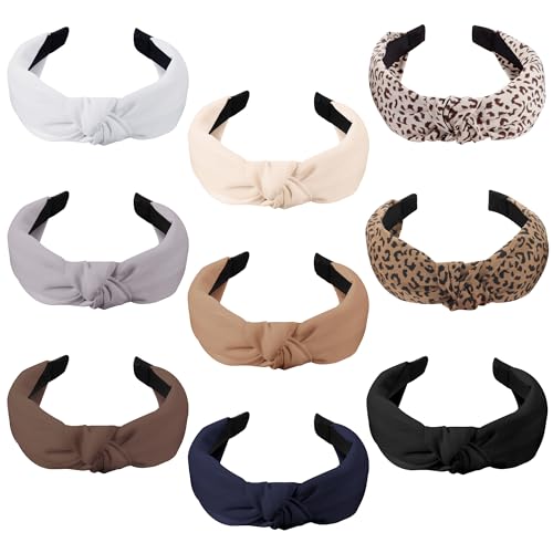 Funtopia 9pcs Knotted Headbands Set - Leopard & Solid Colors