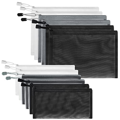 12-Pack Nylon Mesh Pouches - Zipper Makeup Bags in A5+B6 Sizes (Black, White, Grey)