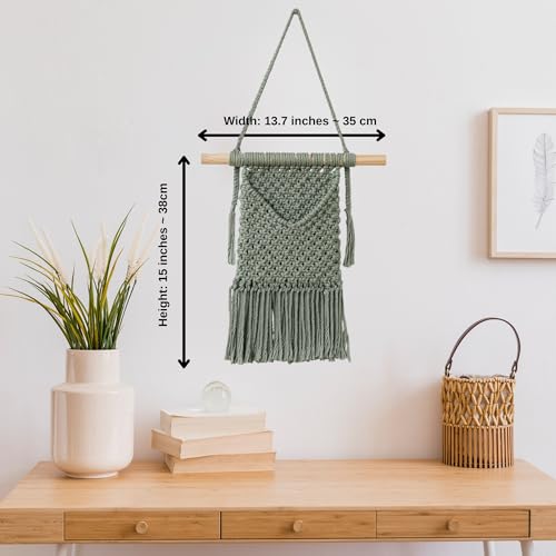 Macrame Wall Hanging Basket - Sage Green, 13x15 inches | Boho Mail Organizer & Key Holder