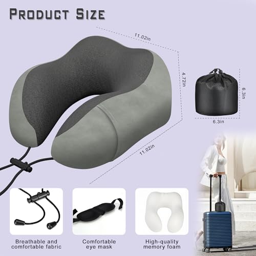Premium Memory Foam Travel Neck Pillow with Eyemask - Adjustable Ergonomic Support