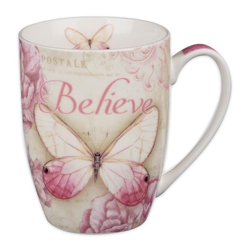 Inspirational Pink Butterfly Coffee Mug - 12 oz Ceramic Cup with Bible Verse