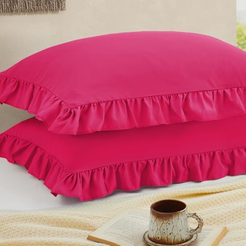 Hot Pink Ruffled Pillow Cases Set of 2 | Soft Microfiber Shams 20"x26"